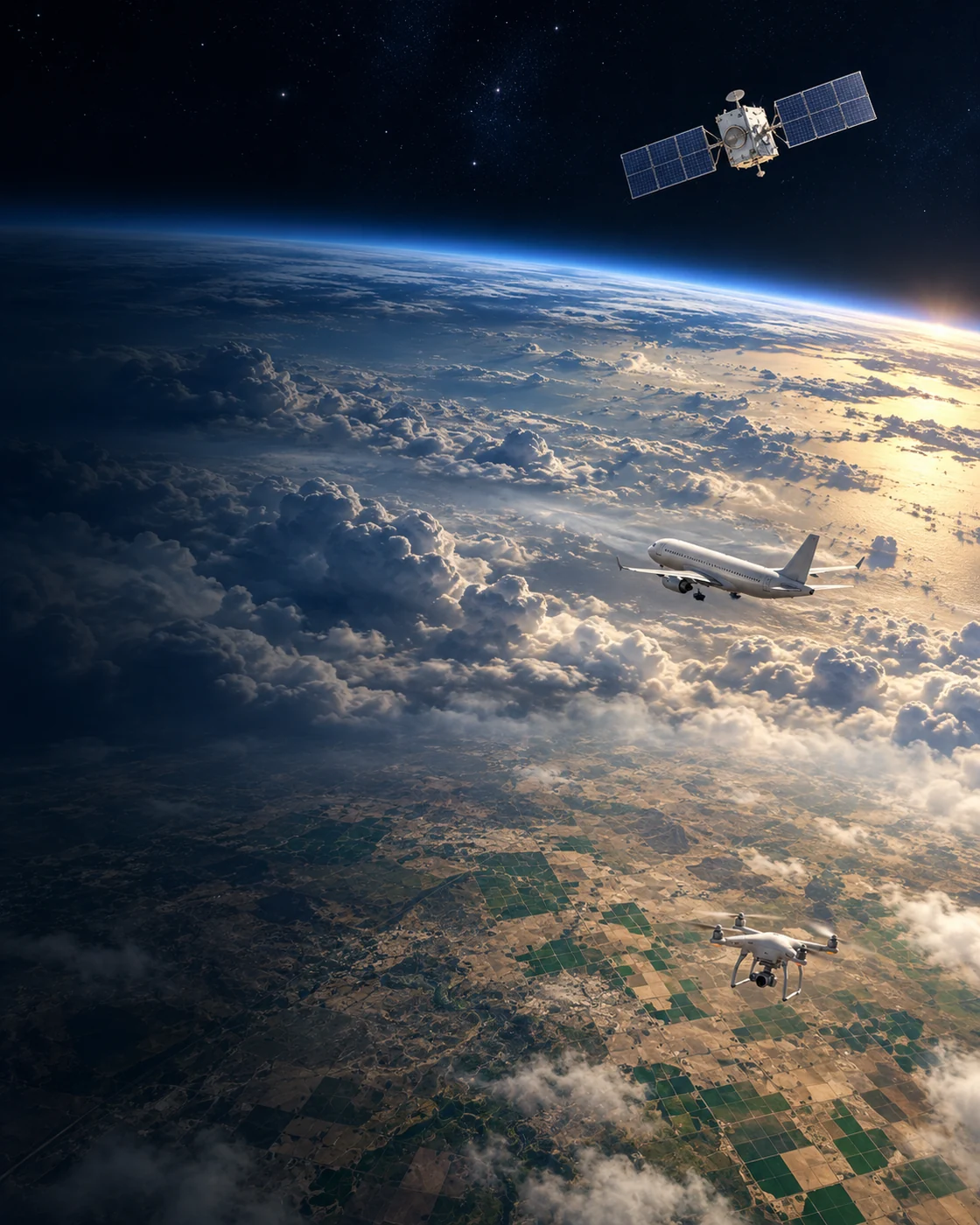 Photographic concept collage from agricultural land and a survey drone, through clouds and civil aviation, to an Earth-observation satellite above Earth. Environments and distances are not to scale.
